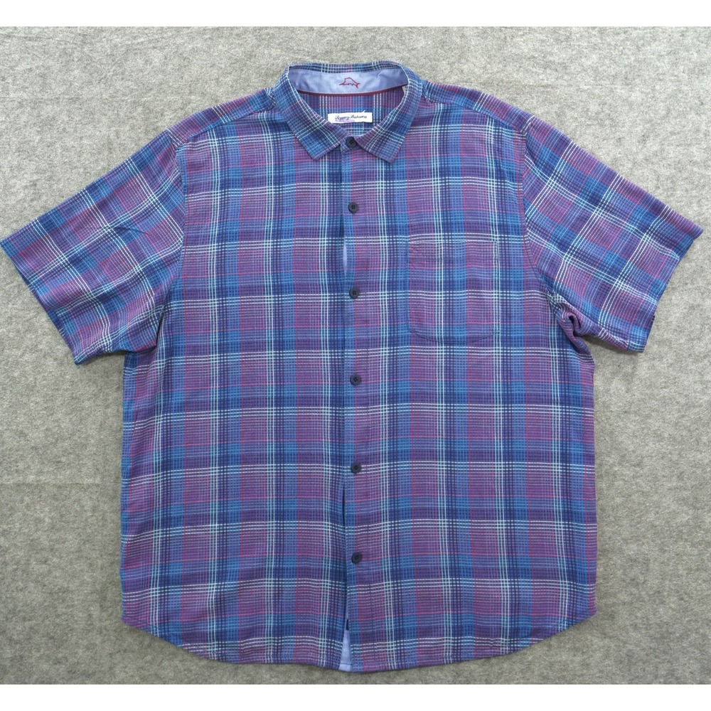 Tommy Bahama Shirt Mens Extra Large Purple Plaid Silk Button Short Sleeve